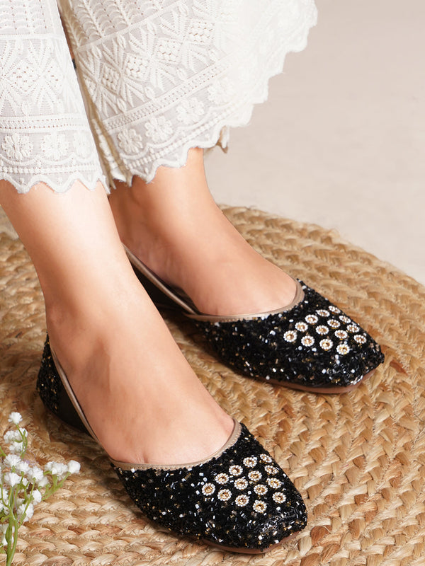 Embellished Square Toe Ethnic Mojaris for Women & Girls  Black
