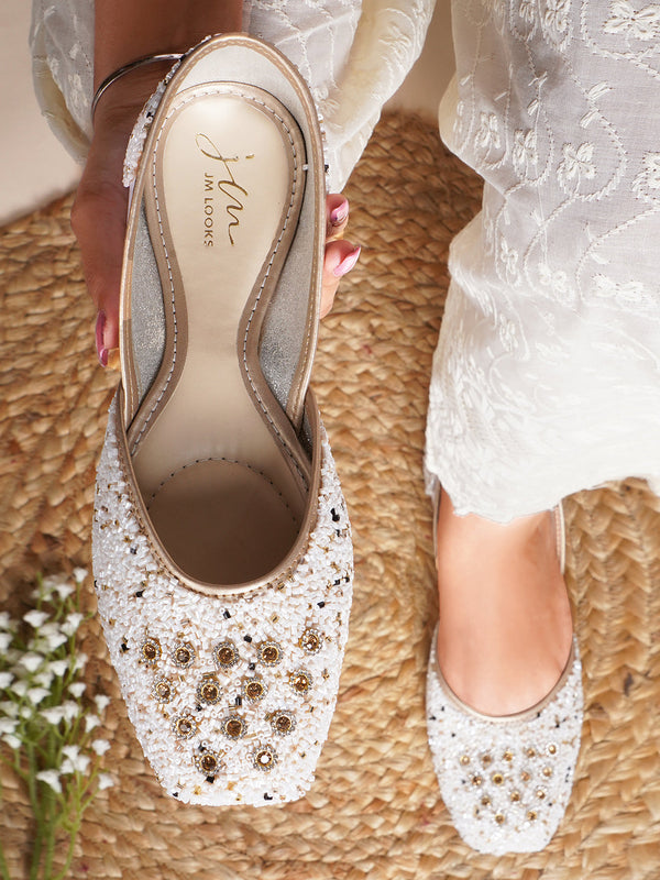 Embellished Square Toe Ethnic Mojaris for Women & Girls  White