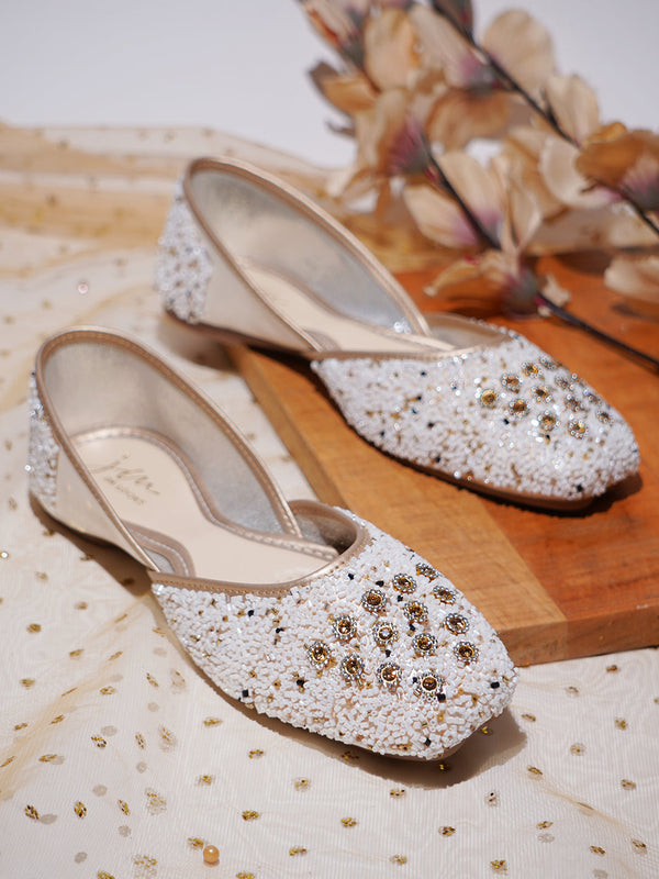 Embellished Square Toe Ethnic Mojaris for Women & Girls  White