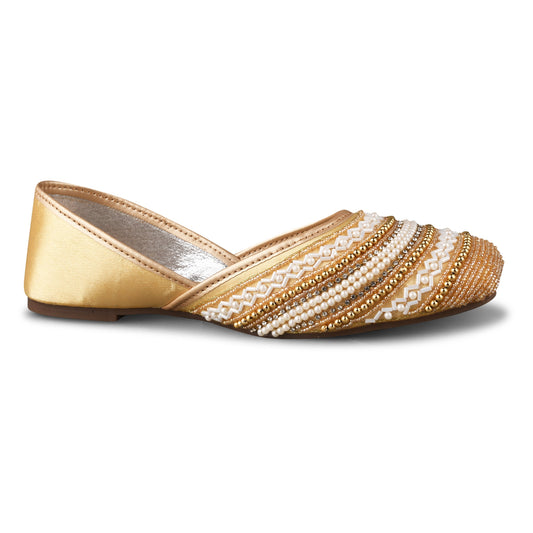 Gold Embellished Square Toe Stone Work & beadwork patterns Mojaris Flats Juttis for Women