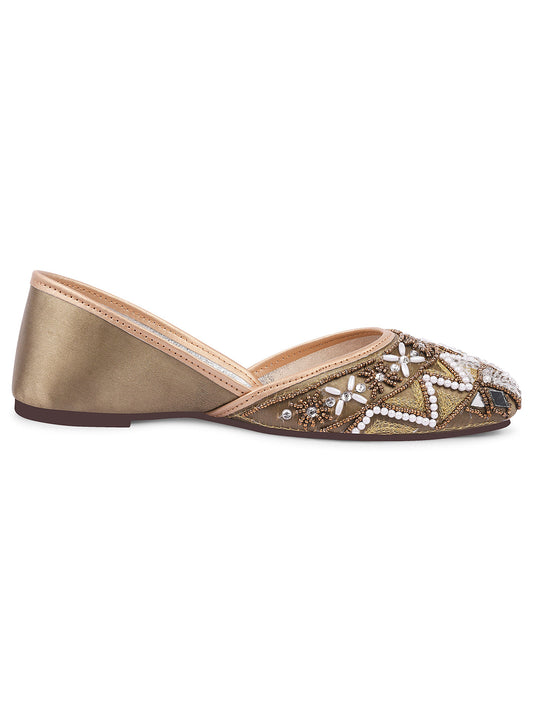 Women green rounded toe embellished traditional juttis with geometric patterns and beadwork 