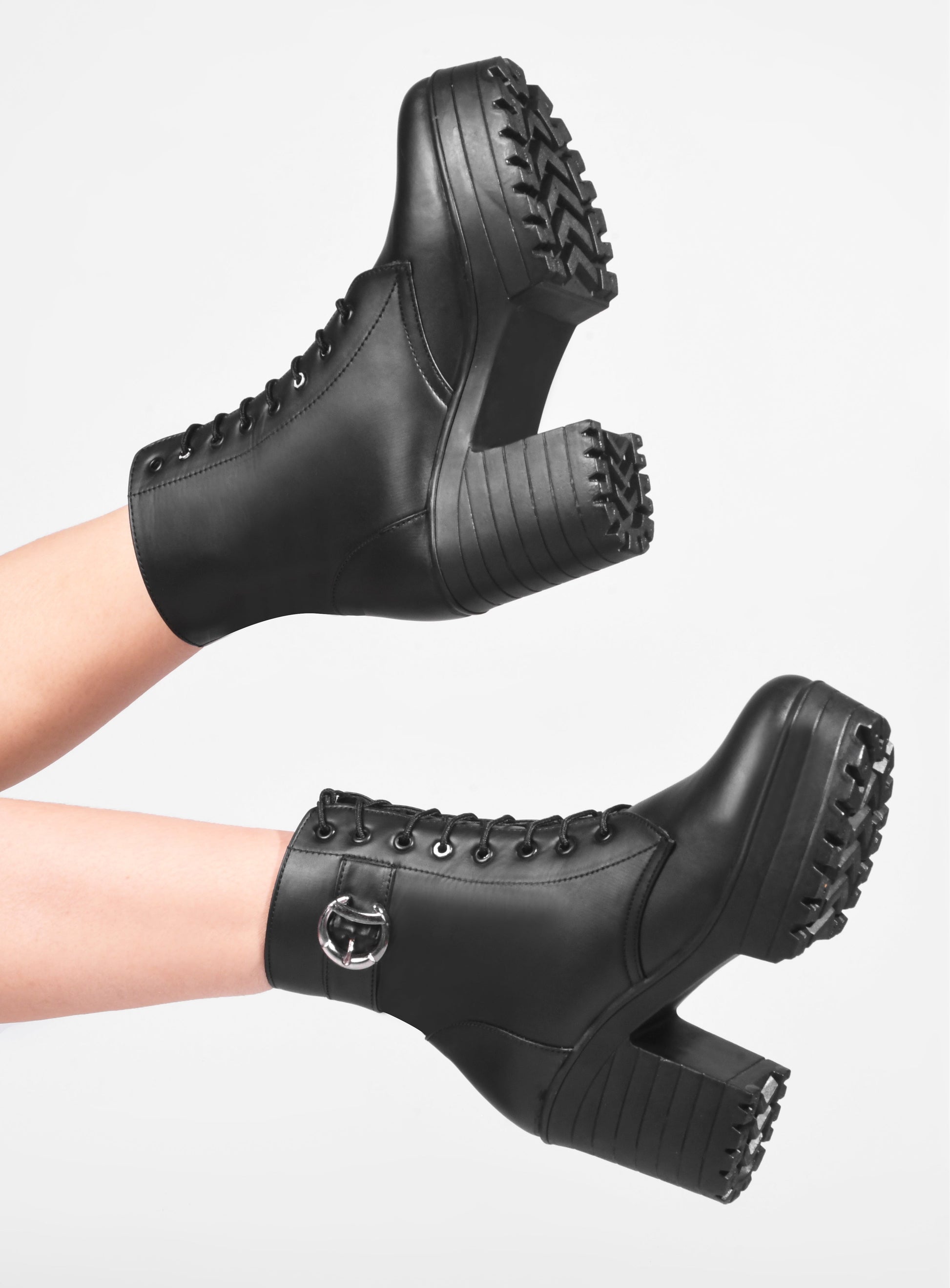 Jm Looks lace-up combat boots with a thick sole and a side buckle detail
 Black