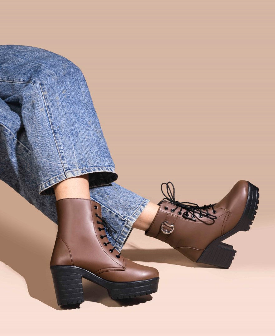 Jm Looks lace-up combat boots with a thick sole and a side buckle detail
 Brown