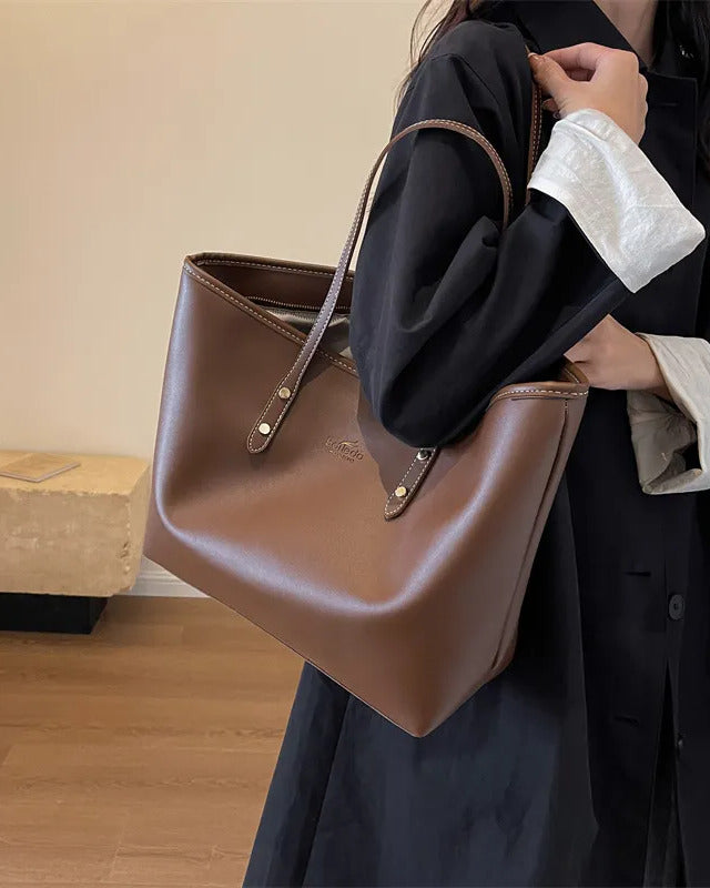 Large tote shoulder bag for women with top zip closure in cream faux leather, coffee handles
