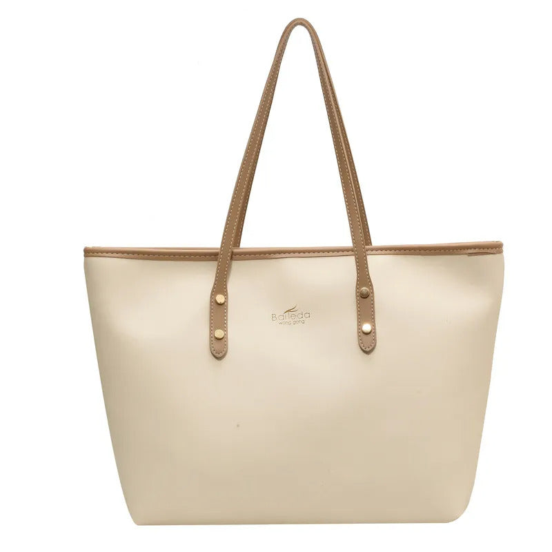 Large tote shoulder bag for women with top zip closure in cream faux leather, cream handles