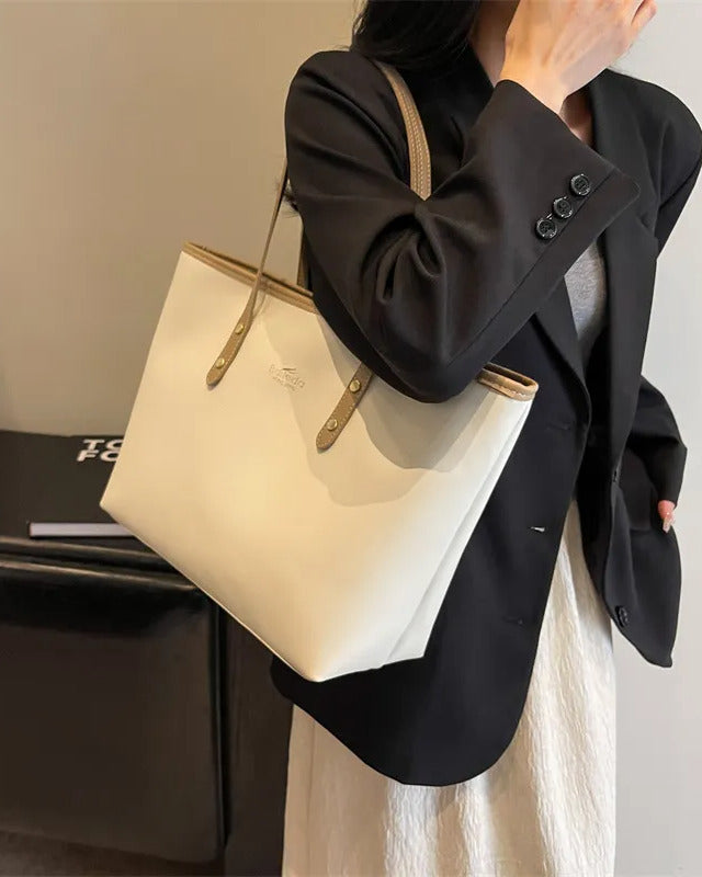 Large tote shoulder bag for women with top zip closure in cream faux leather, cream handles