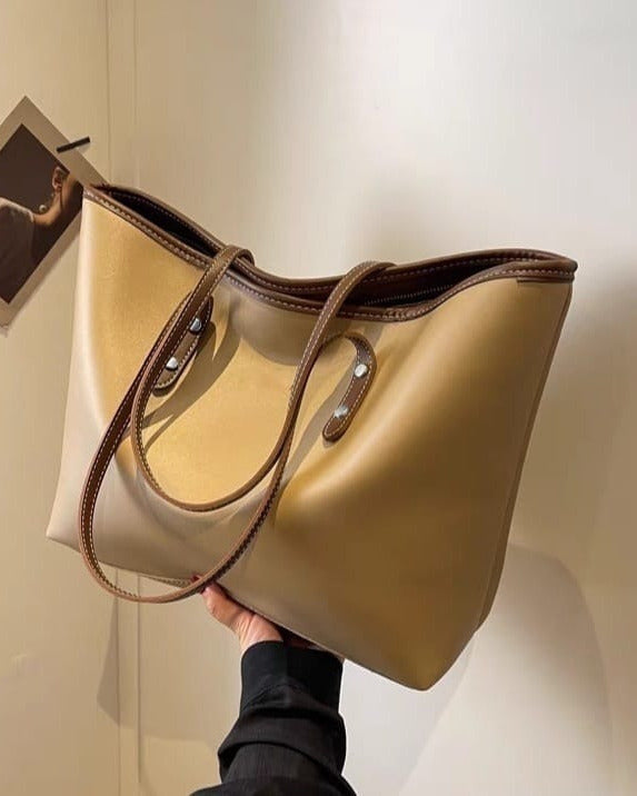 Large tote shoulder bag for women with top zip closure in cream faux leather, beige handles