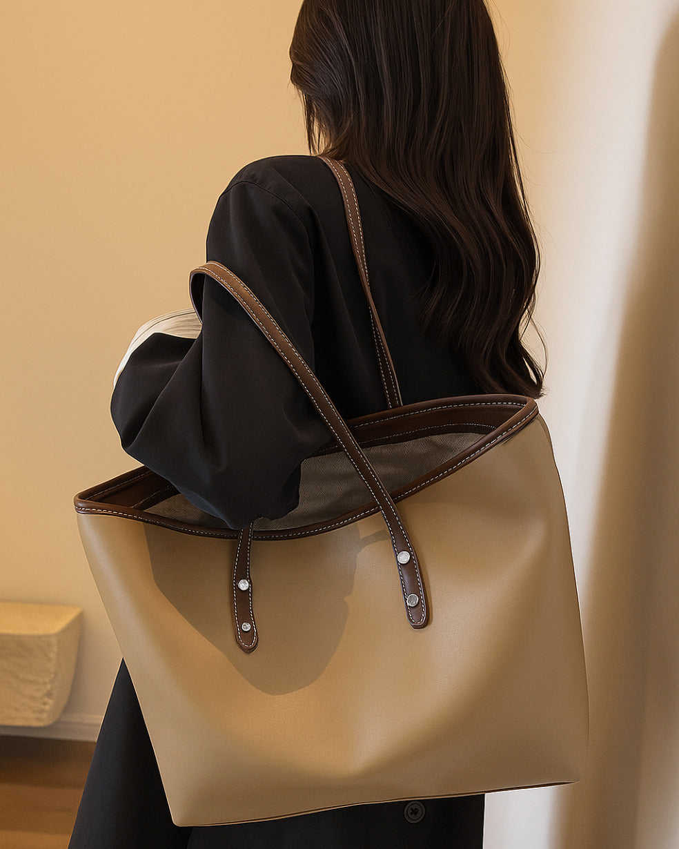 Large tote shoulder bag for women with top zip closure in cream faux leather, beige handles