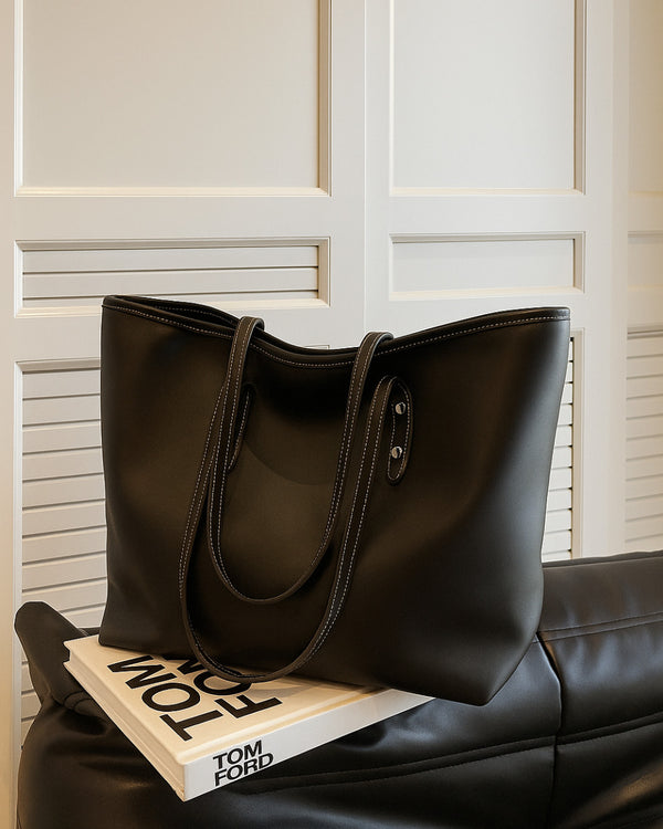 Large tote shoulder bag for women with top zip closure in cream faux leather, black handles