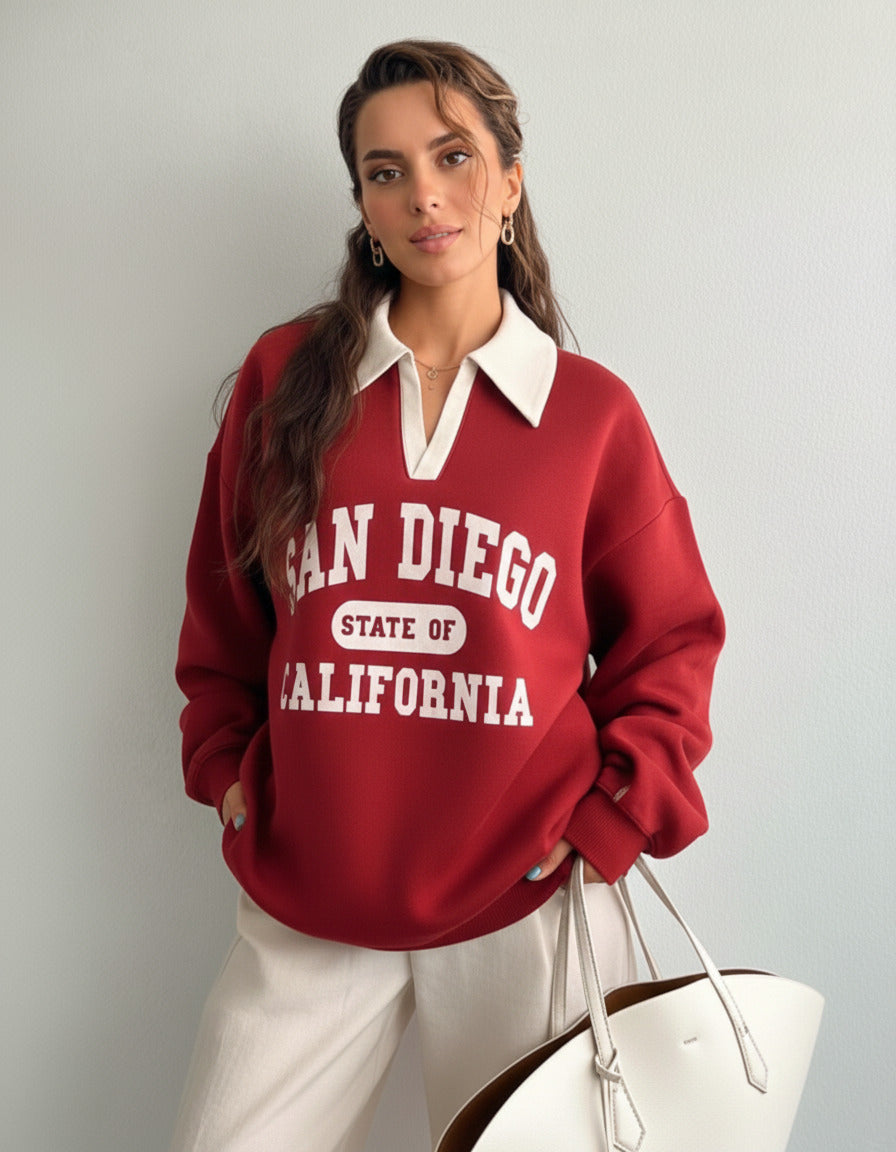 Collared sweatshirt for women in red with contrast white polo collar and San Diego varsity