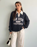 Long Sleeve Collared Sweatshirt for Women with Polo Collar Print | JM Looks - Blue / XS