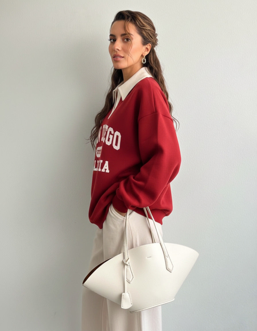Collared sweatshirt for women in red with contrast white polo collar and San Diego varsity