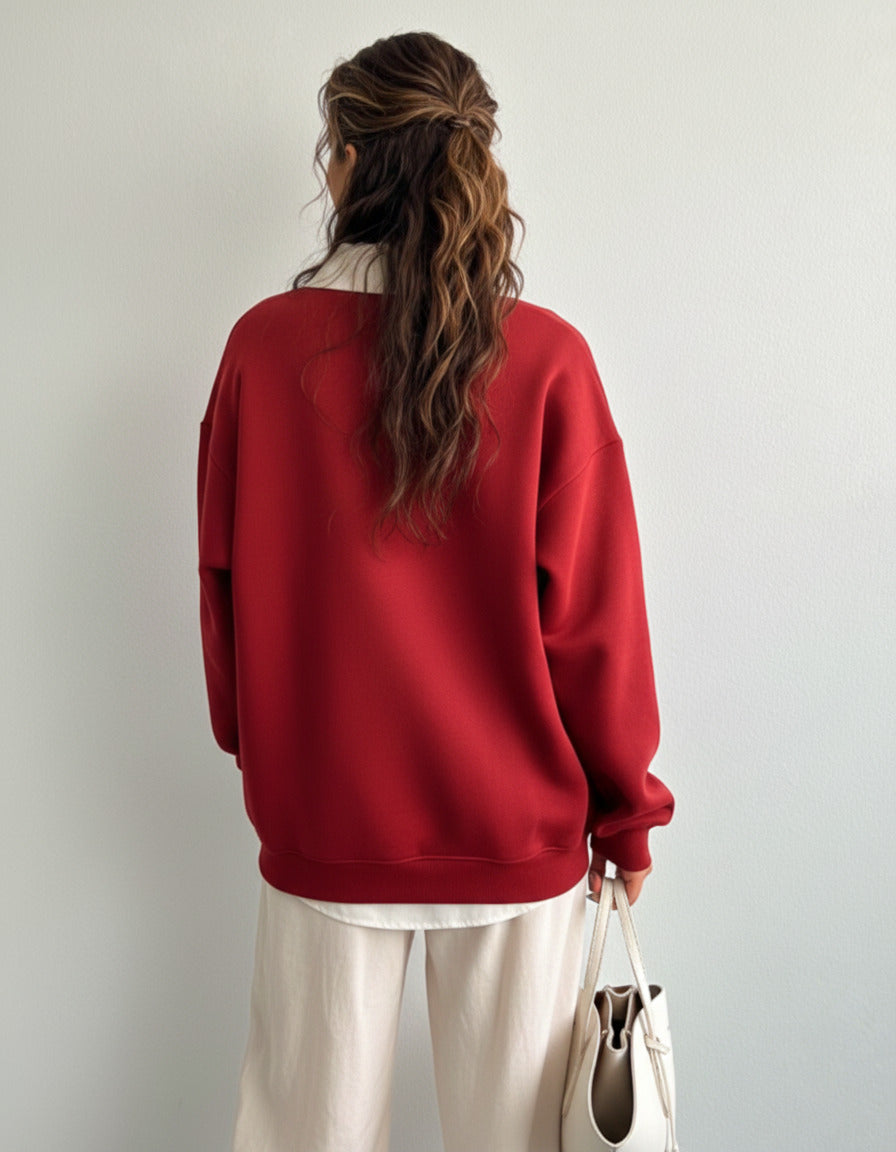Collared sweatshirt for women in red with contrast white polo collar and San Diego varsity
