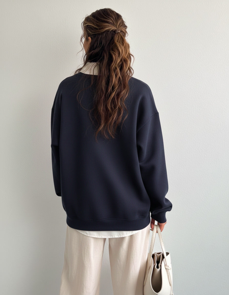 Collared sweatshirt for women in blue with contrast white polo collar and San Diego varsity