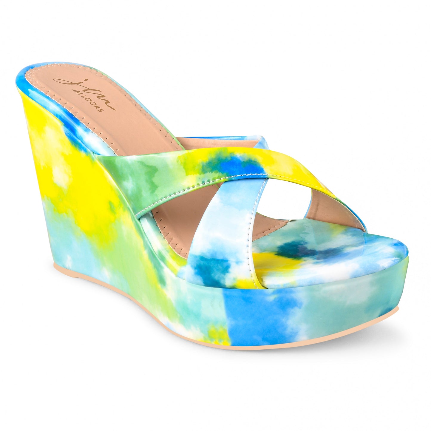 Jm Looks wedge heels featuring a colorful, artistic print and criss-cross straps
 Blue