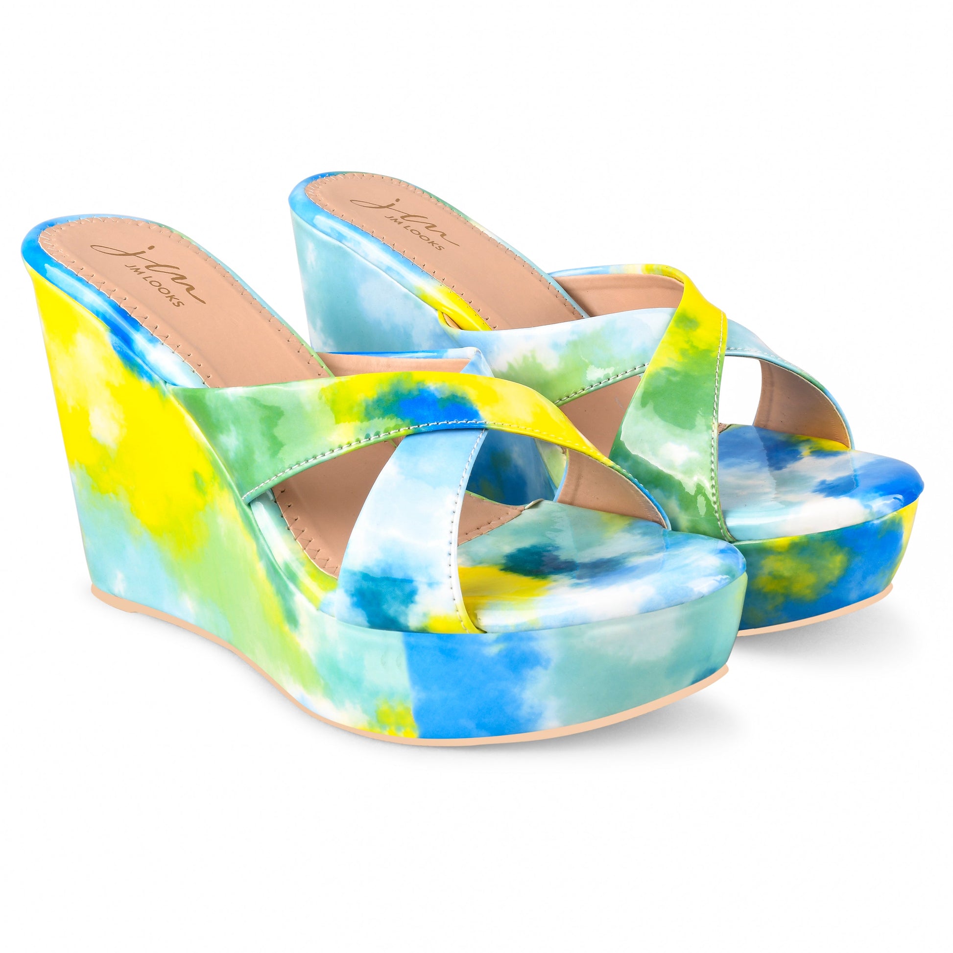 Jm Looks wedge heels featuring a colorful, artistic print and criss-cross straps
 Blue