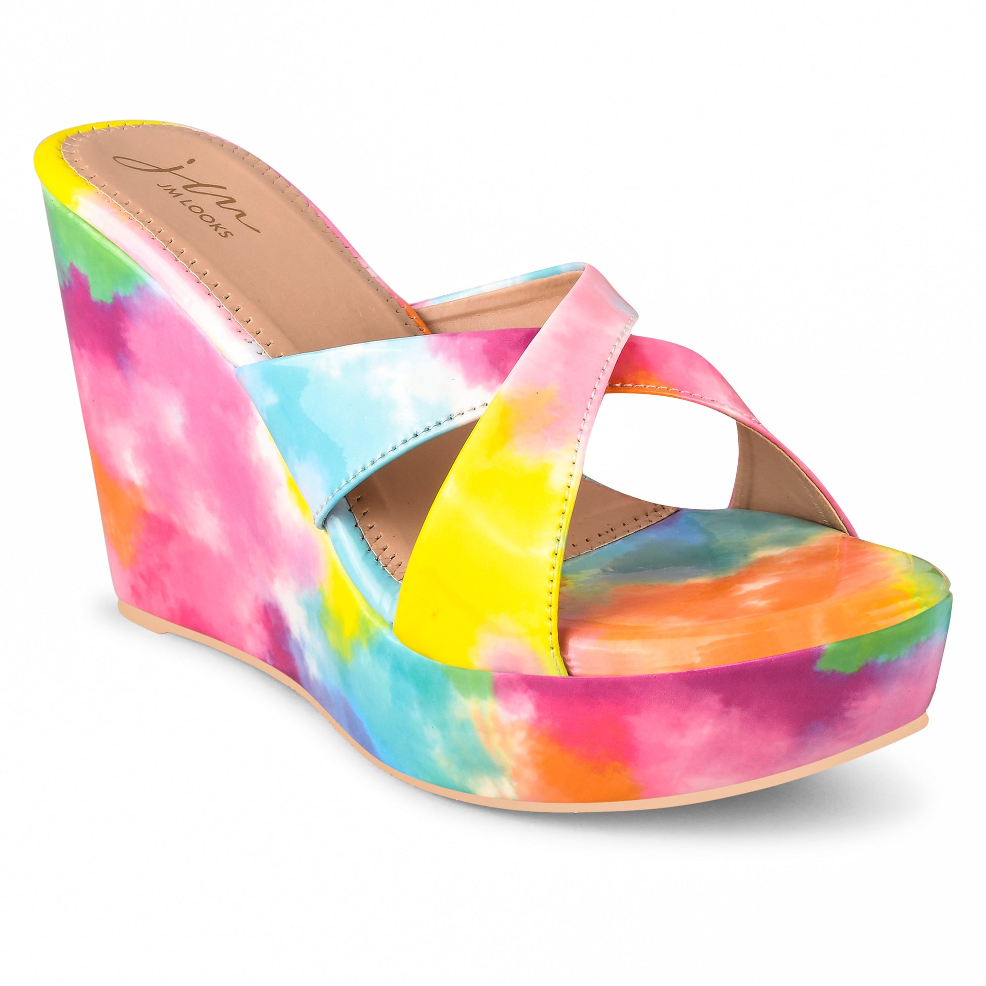 Jm Looks wedge heels featuring a colorful, artistic print and criss-cross straps
 Pink