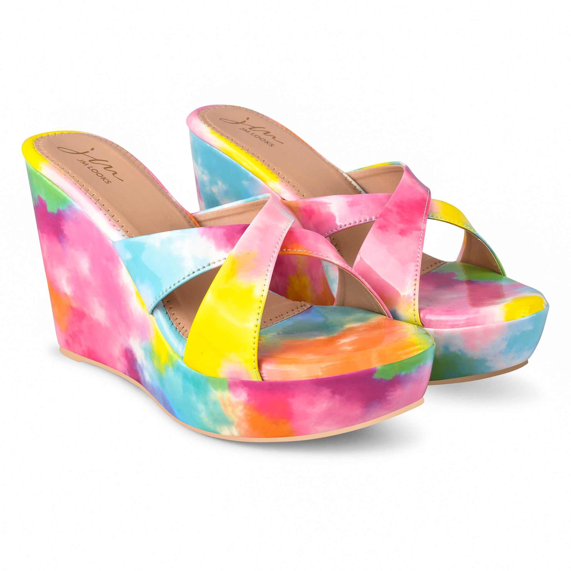 Jm Looks wedge heels featuring a colorful, artistic print and criss-cross straps
 Pink