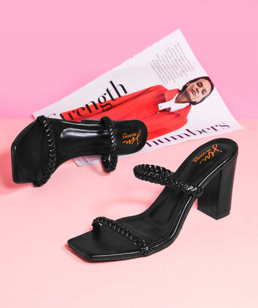 JM Looks women's block heel mules with braided straps and a square toe
 Black