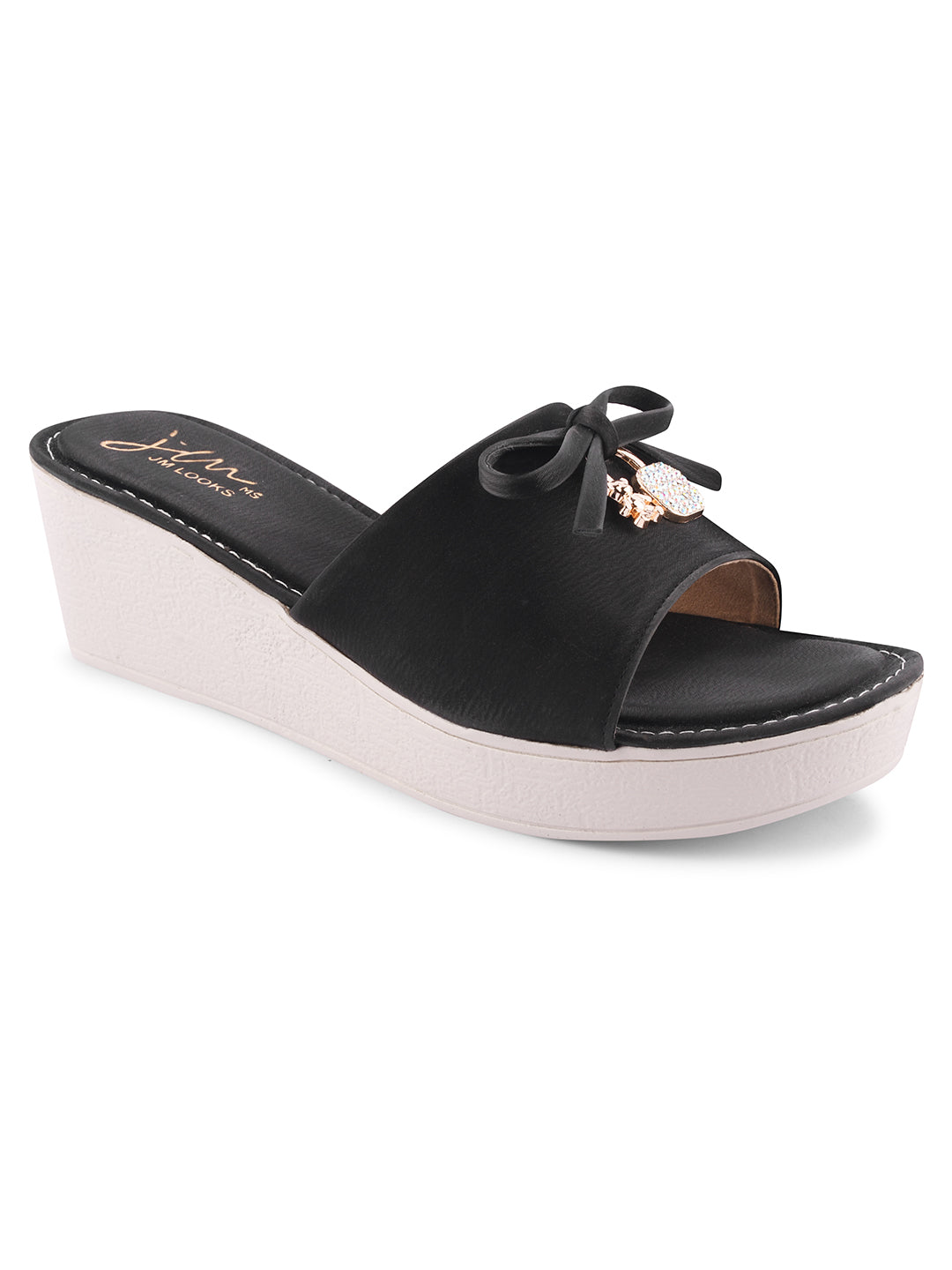 Jm Looks wedge slides with a decorative bow on the strap
 Black