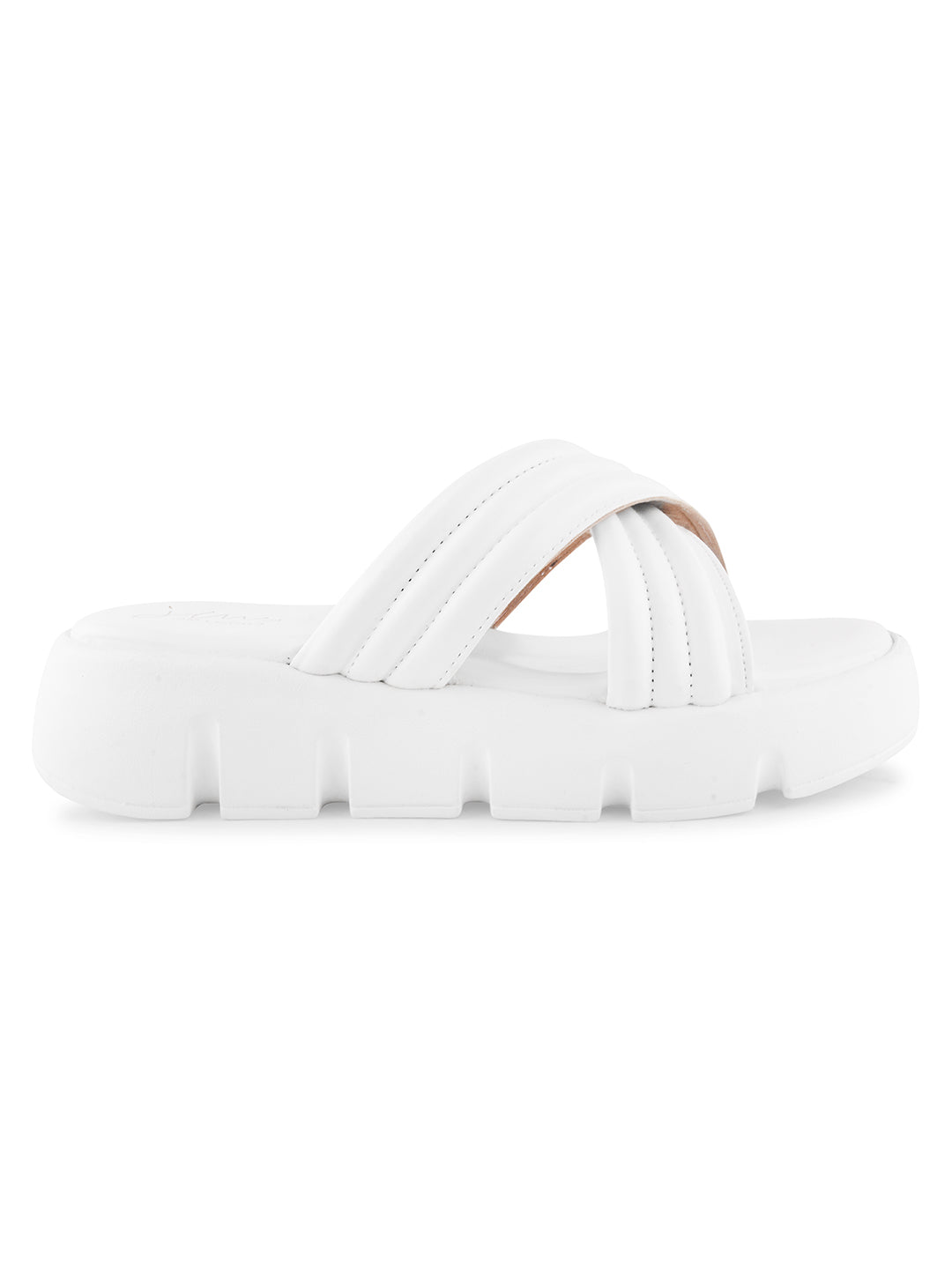 women's platform slides with wide, padded crisscross straps and a chunky lug sole
 White