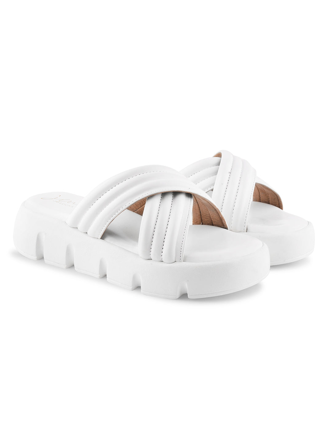 women's platform slides with wide, padded crisscross straps and a chunky lug sole
 White