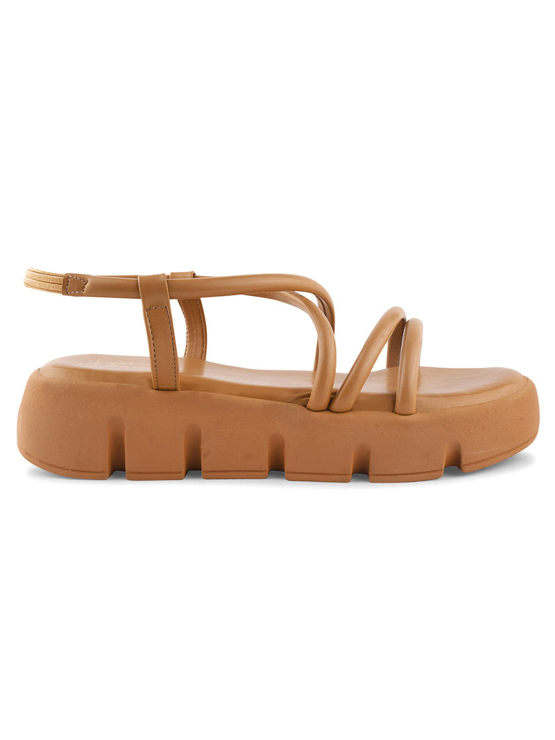 JM Looks strappy platform sandals with a lug sole and an ankle strap
 Beige