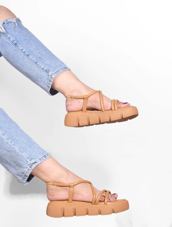 JM Looks strappy platform sandals with a lug sole and an ankle strap
 Beige