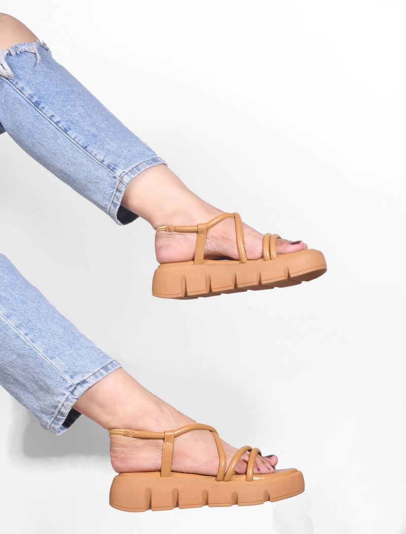 JM Looks strappy platform sandals with a lug sole and an ankle strap
 Beige