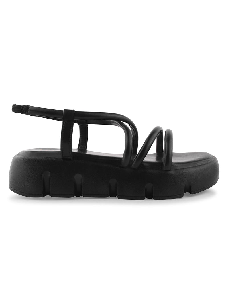 JM Looks strappy platform sandals with a lug sole and an ankle strap
 Black