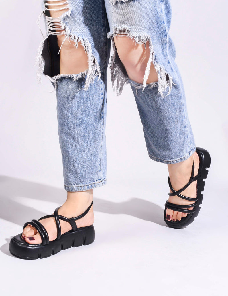JM Looks strappy platform sandals with a lug sole and an ankle strap
 Black
