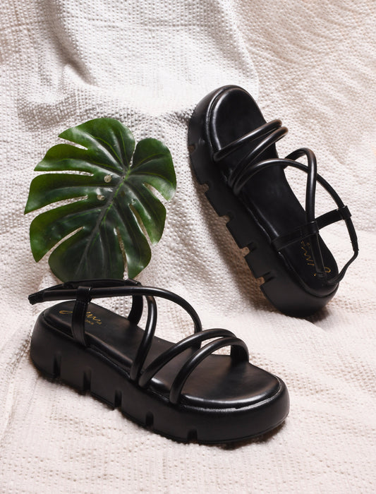 JM Looks strappy platform sandals with a lug sole and an ankle strap
 Black