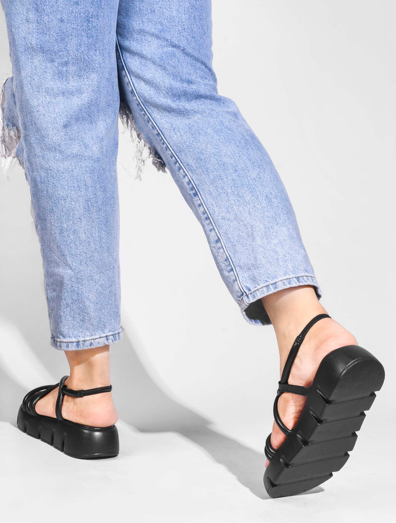 JM Looks strappy platform sandals with a lug sole and an ankle strap
 Black
