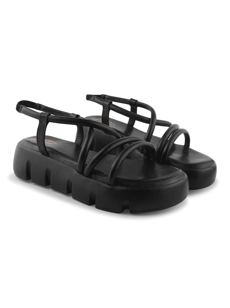 JM Looks strappy platform sandals with a lug sole and an ankle strap
 Black