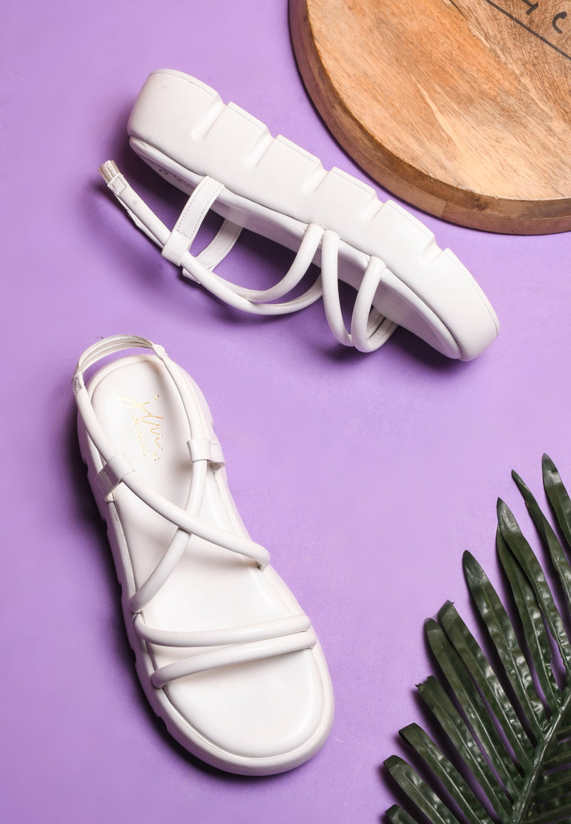 JM Looks strappy platform sandals with a lug sole and an ankle strap
 White