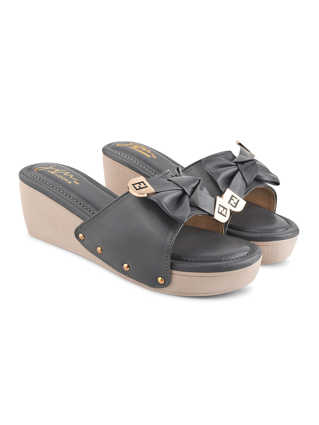 JM Looks women's platform wedges with a bow detail on the strap
 Grey