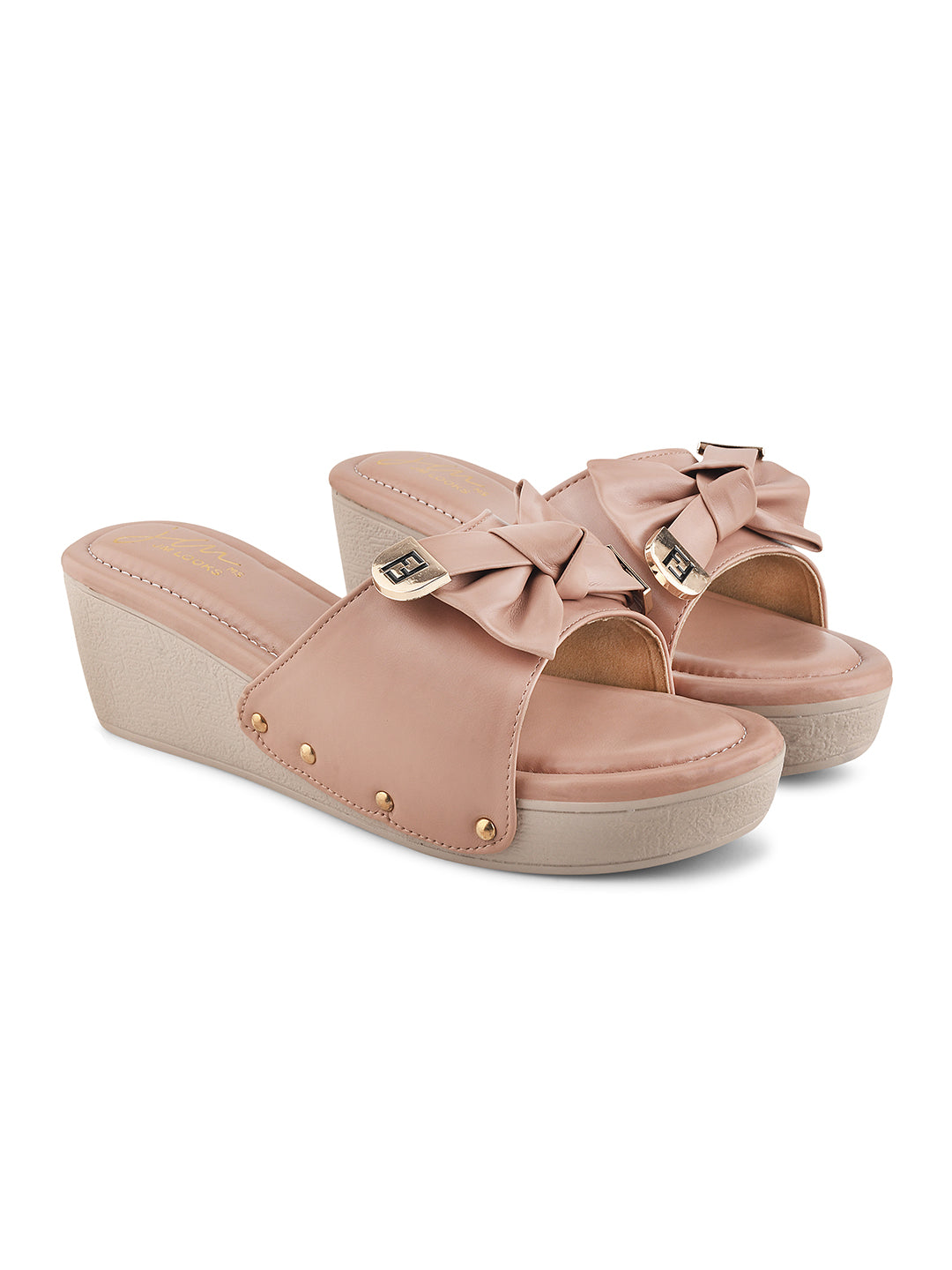 JM Looks Women's Bow Detail Platform Wedges Peach