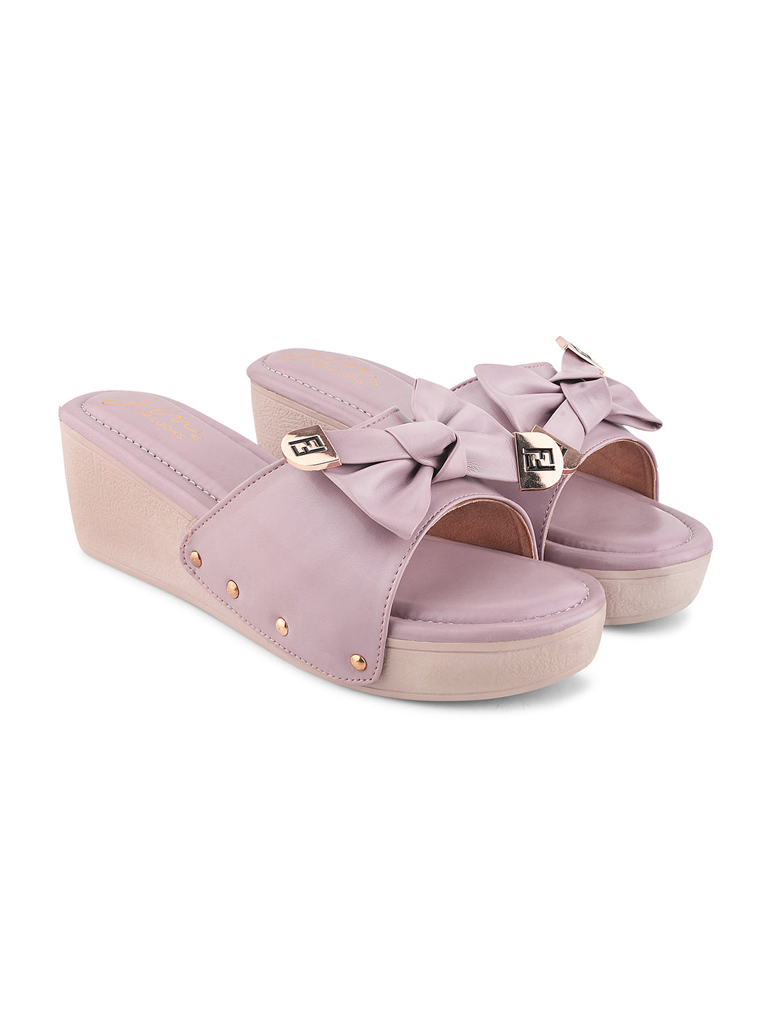 JM Looks Women's Bow Detail Platform Wedges Wood Rose