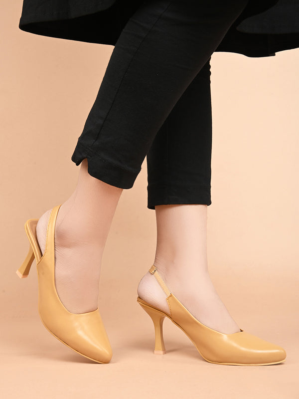 Slingback Heels for Women featuring pointed toe design, elastic back strap, kitten heel, comfortable everyday wear Tan
