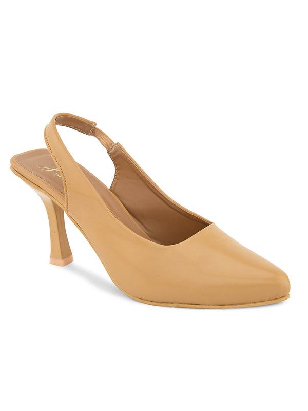 Slingback Heels for Women featuring pointed toe design, elastic back strap, kitten heel, comfortable everyday wear Tan