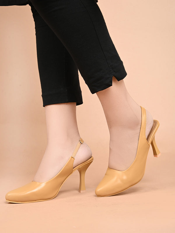 Slingback Heels for Women featuring pointed toe design, elastic back strap, kitten heel, comfortable everyday wear Tan