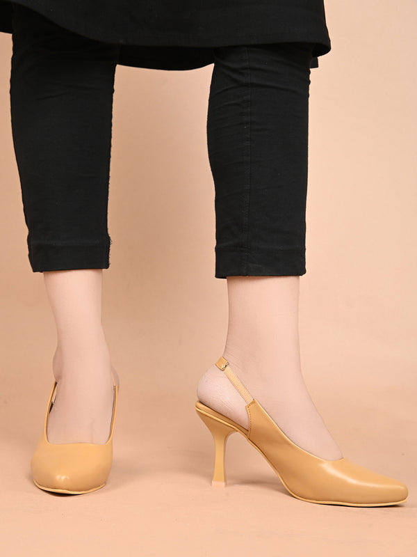 Slingback Heels for Women featuring pointed toe design, elastic back strap, kitten heel, comfortable everyday wear Tan