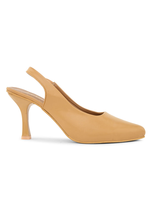 Slingback Heels for Women featuring pointed toe design, elastic back strap, kitten heel, comfortable everyday wear Tan