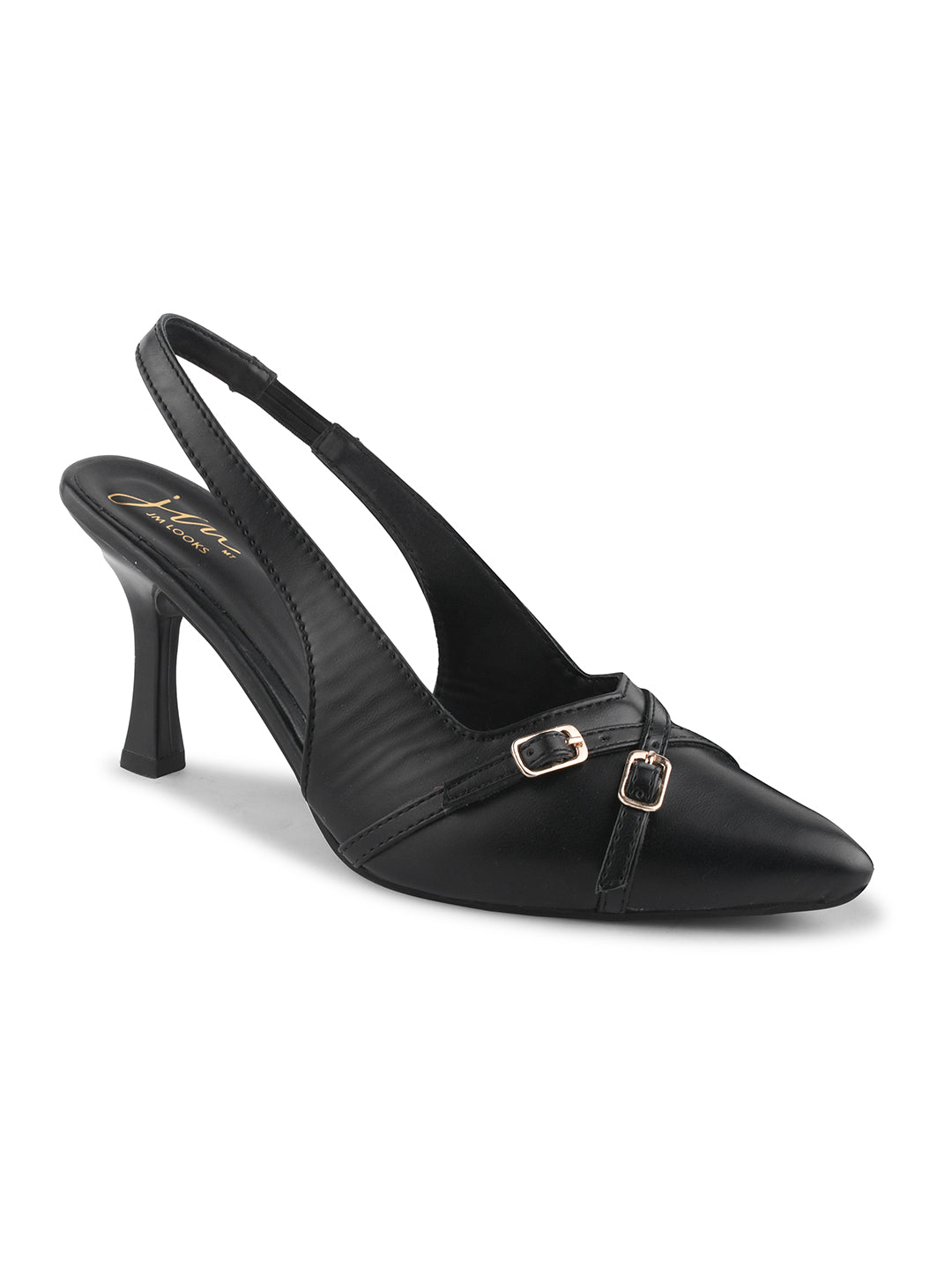 A pointed-toe slingback heel with strap and buckle details on the vamp and an adjustable strap
 Black