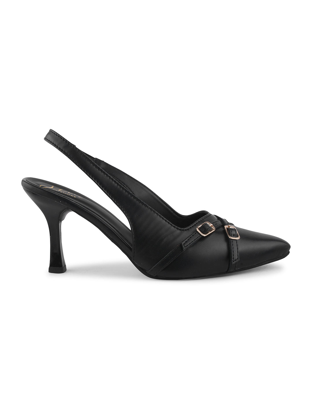 A pointed-toe slingback heel with strap and buckle details on the vamp and an adjustable strap
 Black