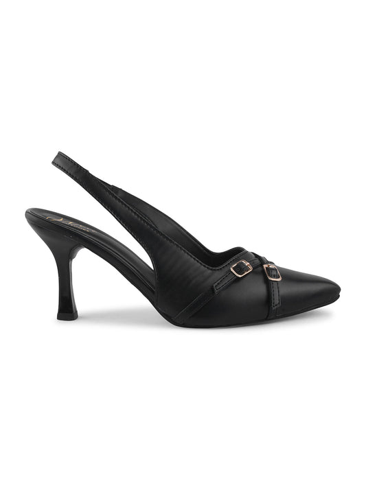 A pointed-toe slingback heel with strap and buckle details on the vamp and an adjustable strap
 Black