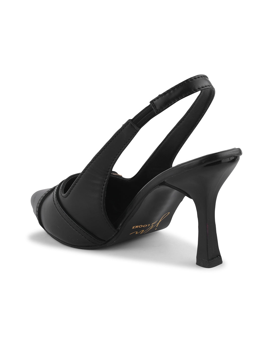 A pointed-toe slingback heel with strap and buckle details on the vamp and an adjustable strap
 Black