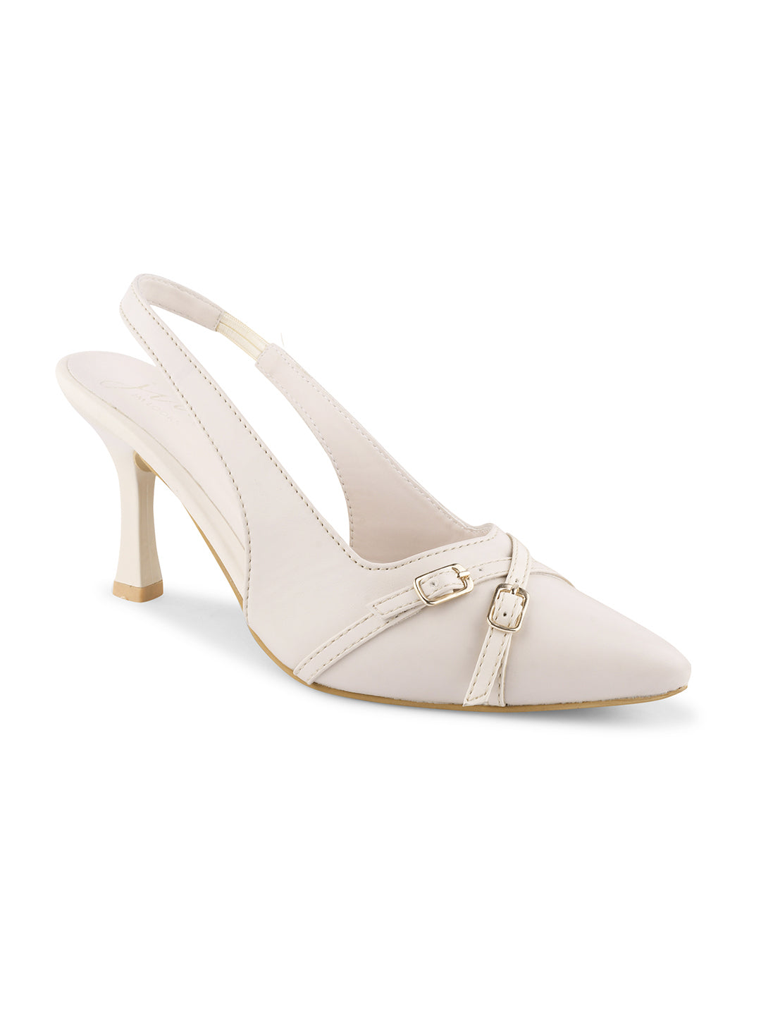 A pointed-toe slingback heel with strap and buckle details on the vamp and an adjustable strap
 Cream