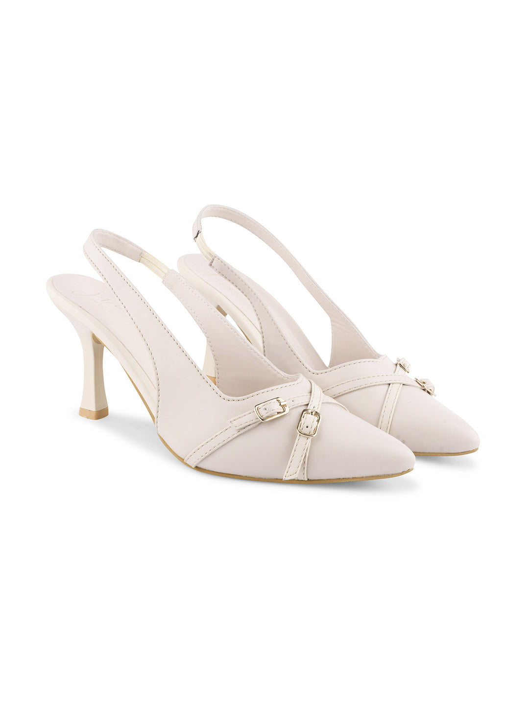 A pointed-toe slingback heel with strap and buckle details on the vamp and an adjustable strap
 Cream