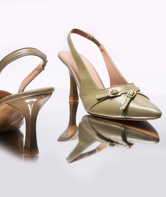 A pointed-toe slingback heel with strap and buckle details on the vamp and an adjustable strap
 Green